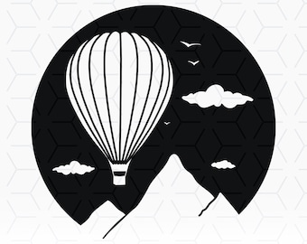May include: Black and white silhouette of a hot air balloon flying over mountains with clouds in the sky. The balloon has a striped pattern.