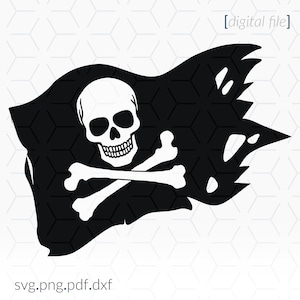 Puede incluir: Una bandera pirata negra con un diseño de calavera y huesos cruzados blancos. La bandera está rasgada y desgastada, lo que le da un aspecto desgastado.