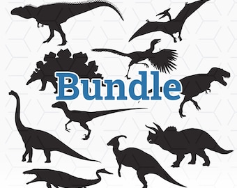 May include: A digital file bundle of 10 black silhouette dinosaur designs. The designs include a Tyrannosaurus Rex, Stegosaurus, Brachiosaurus, Triceratops, Velociraptor, and more. The word "Bundle" is written in blue letters in the centre of the image.