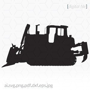 May include: Black silhouette of a bulldozer with a raised blade. The bulldozer is facing left and has a large cab with a window. The bulldozer is on a white background.