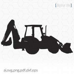 May include: Black silhouette of a backhoe excavator with the arm raised and the bucket extended. The backhoe is on a white background.