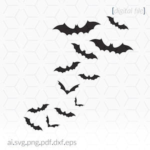 May include: A digital file containing a design of a group of black bats flying in a diagonal line. The bats are of varying sizes and are arranged in a cascading pattern.
