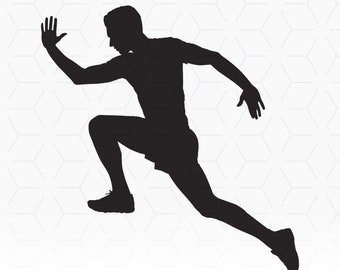 May include: Silhouette of a person in a running pose, with one leg bent and the other extended, arms outstretched.
