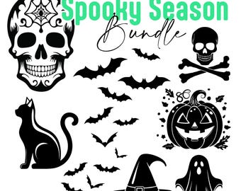 Halloween SVG Bundle | 7 Cut Files Black Cat Witch Hat Pumpkin Ghost Skull Bats | Cricut Silhouette Digital Download