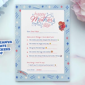 Carta para el Día de la Madre + Pegatinas | Plantilla Editable en Canva | Actividad Imprimible para Niños
