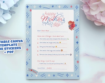Moederdag Brief Template + Stickers | Bewerken in Canva | Printbare Activiteit voor Kinderen