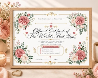 Gepersonaliseerd bloemencertificaat voor moeder, bewerkbare moederprijs (digitale download)