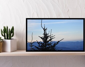 山の冬の写真プリント || 青、ノースカロライナ州西部、冬、冬の写真、アートプリント、ミッチェル山、日没、物理的なプリント