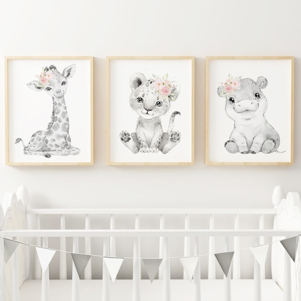 Impresiones digitales de decoración de guardería con animales de safari africano