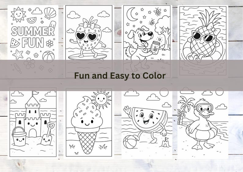 Op de afbeelding: Een verzameling van acht zwart-wit kleurplaten met zomerse illustraties. De pagina's bevatten afbeeldingen van een aardbei op een surfplank, een hond met een pot, een ananas in een zwemband en meer. De tekst "Summer Fun" is ook opgenomen.