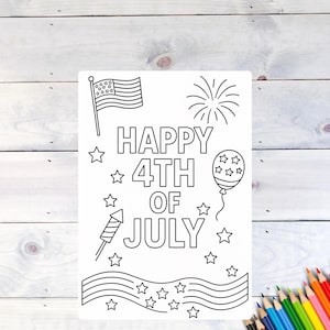 May include: A black and white coloring page with the text "HAPPY 4TH OF JULY" and illustrations of an American flag, fireworks, a balloon, a rocket, and stars. A set of colored pencils is in the bottom right corner.