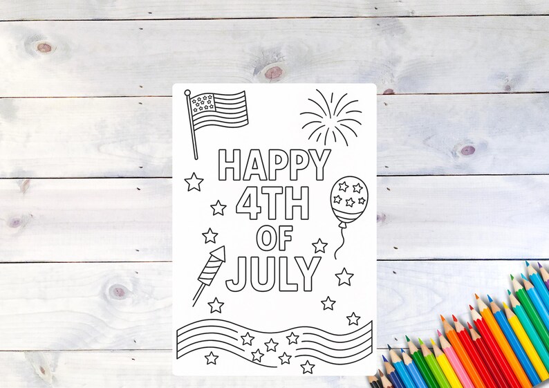 May include: A black and white coloring page with the text "HAPPY 4TH OF JULY" and illustrations of an American flag, fireworks, a balloon, a rocket, and stars. A set of colored pencils is in the bottom right corner.
