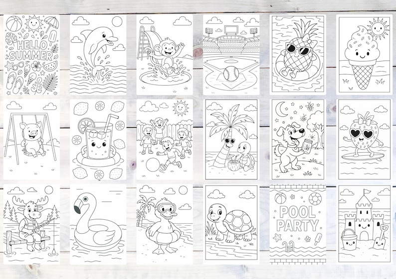 Op de afbeelding: Een verzameling zwart-wit kleurplaten met zomerthema. Elke pagina toont een andere cartoonafbeelding, waaronder een dolfijn, aap, honkbal, ananas, ijs, varken, limonade, spelende kinderen, schildpadden, hond, aardbei, eland, flamingo, eend en een zwembadfeest.