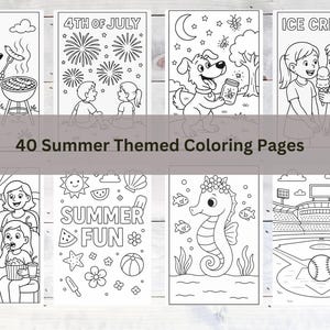 Op de afbeelding: Een verzameling van 40 zomerkleurplaten. De zwart-wit illustraties tonen verschillende zomeractiviteiten, waaronder een hond die grilt, vuurwerk, ijs en een honkbalwedstrijd. De tekst "40 Zomer Themed Kleurplaten" wordt weergegeven.