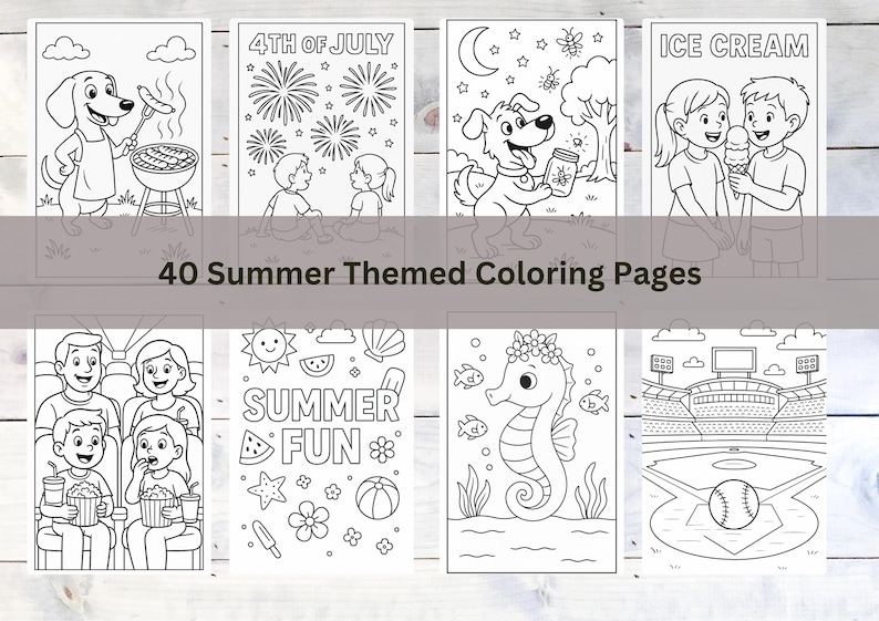 Op de afbeelding: Een verzameling van 40 zomerkleurplaten. De zwart-wit illustraties tonen verschillende zomeractiviteiten, waaronder een hond die grilt, vuurwerk, ijs en een honkbalwedstrijd. De tekst "40 Zomer Themed Kleurplaten" wordt weergegeven.