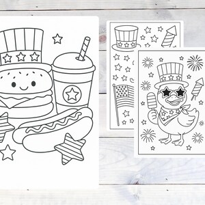 May include: Black and white line drawings of patriotic food and images. One drawing features a burger, hot dog, and drink with stars. Other drawings include a flag, fireworks, and a duck wearing sunglasses and a hat.