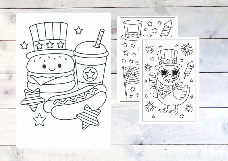 May include: Black and white line drawings of patriotic food and images. One drawing features a burger, hot dog, and drink with stars. Other drawings include a flag, fireworks, and a duck wearing sunglasses and a hat.