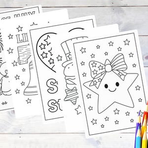 May include: Four black and white coloring pages with patriotic themes, including fireworks, a star with a bow, and the text "4th of July". A collection of colored pencils is in the lower right corner.