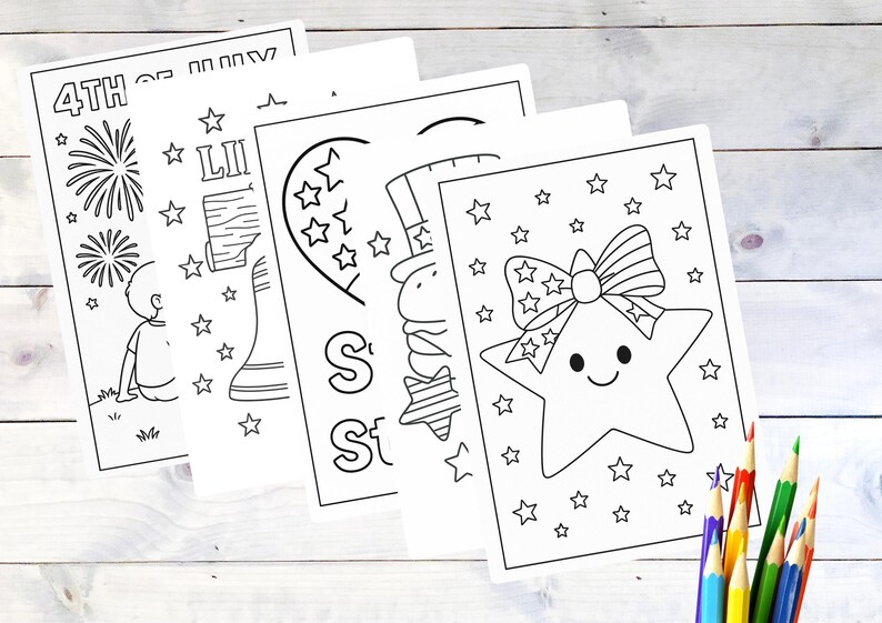 May include: Four black and white coloring pages with patriotic themes, including fireworks, a star with a bow, and the text "4th of July". A collection of colored pencils is in the lower right corner.