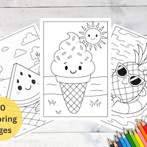 Op de afbeelding: Een set van 40 kleurplaten met zomerse illustraties. De afbeeldingen bevatten een glimlachende watermeloen, een ijsje met een lachende zon en een ananas met een zonnebril. Kleurpotloden zijn zichtbaar.