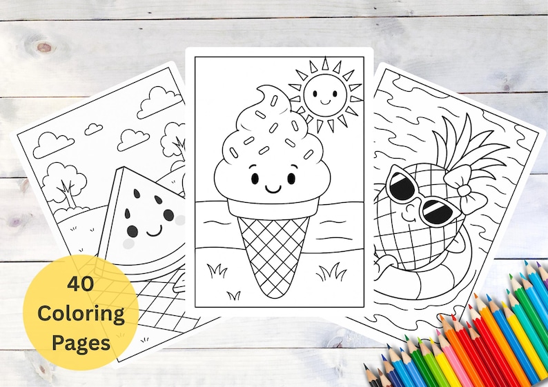 Op de afbeelding: Een set van 40 kleurplaten met zomerse illustraties. De afbeeldingen bevatten een glimlachende watermeloen, een ijsje met een lachende zon en een ananas met een zonnebril. Kleurpotloden zijn zichtbaar.