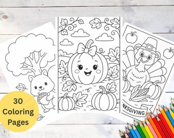 30 Fall and Thanksgiving Coloring Pages for Kids, Fall Activity Page, Pumpkin Coloring Pages, Digital fall thanksgiving coloring page sheets