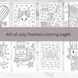 May include: A collection of eight black and white 4th of July themed coloring pages. The pages feature patriotic images such as a heart with stars and stripes, a star with a bow, fireworks, the American flag, the Liberty Bell, and Uncle Sam.