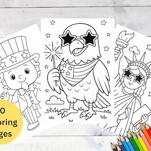 May include: Black and white coloring pages featuring patriotic themes. Includes illustrations of Uncle Sam, an eagle with star-shaped sunglasses, and the Statue of Liberty. The image also includes a set of colored pencils and a yellow circle with the text "20 Coloring Pages."