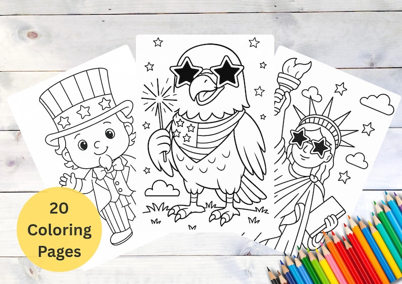 May include: Black and white coloring pages featuring patriotic themes. Includes illustrations of Uncle Sam, an eagle with star-shaped sunglasses, and the Statue of Liberty. The image also includes a set of colored pencils and a yellow circle with the text "20 Coloring Pages."
