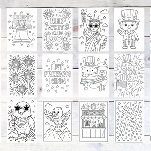 May include: A collection of black and white illustrations with patriotic themes. Images include fireworks, the Statue of Liberty, Uncle Sam, the Liberty Bell, and text such as "4th of July" and "USA". These coloring pages are perfect for celebrating Independence Day.