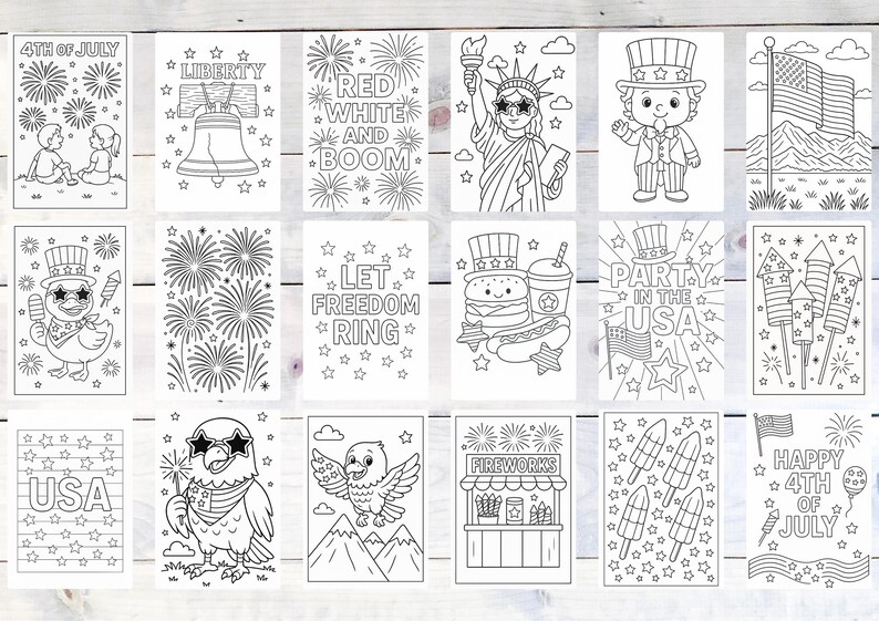 May include: A collection of black and white illustrations with patriotic themes. Images include fireworks, the Statue of Liberty, Uncle Sam, the Liberty Bell, and text such as "4th of July" and "USA". These coloring pages are perfect for celebrating Independence Day.