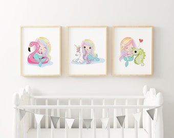 Nursery Kids Room Mermaid Digital Wall Art Prints