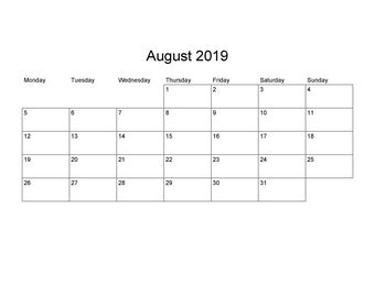 Página de Bullet Journal en blanco imprimible - Calendario 2019 en Arial Black