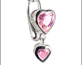 Best Double Heart Pink Drop Fake Belly Button Rings Clip-On Non Piercing Silver Plated Navel Body Jewellery