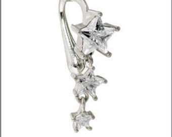 Best Triple Clear Stars CZ Fake Belly Button Rings Clip-On Non Piercing Silver Plated Navel Body Jewellery