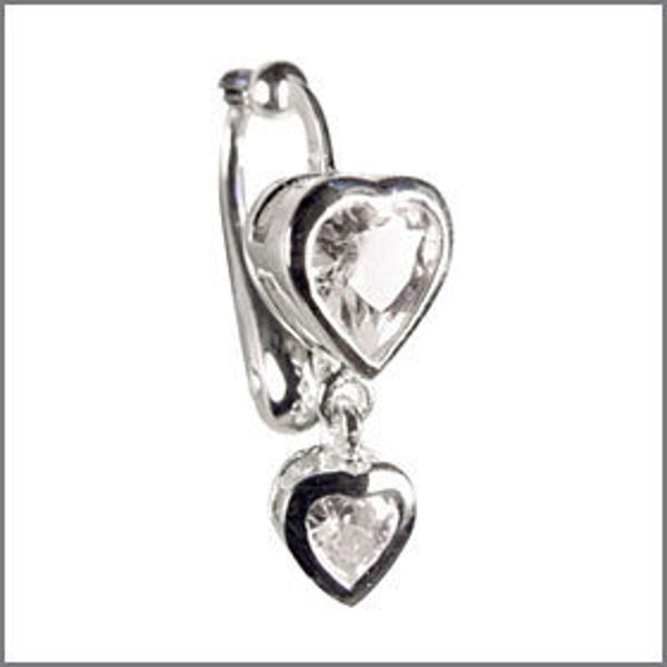 Best Double Clear Heart Fake Belly Button Rings Clip-On Non Piercing Silver Plated Navel Body Jewellery