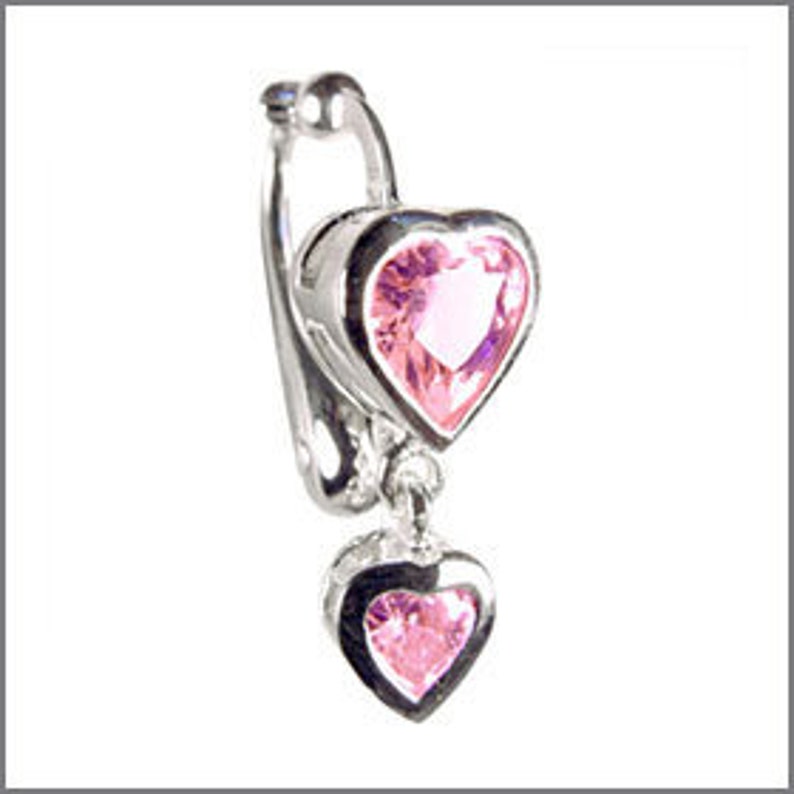 Best Double Heart Pink Drop Fake Belly Button Rings Clip-On Non Piercing Silver Plated Navel Body Jewellery 