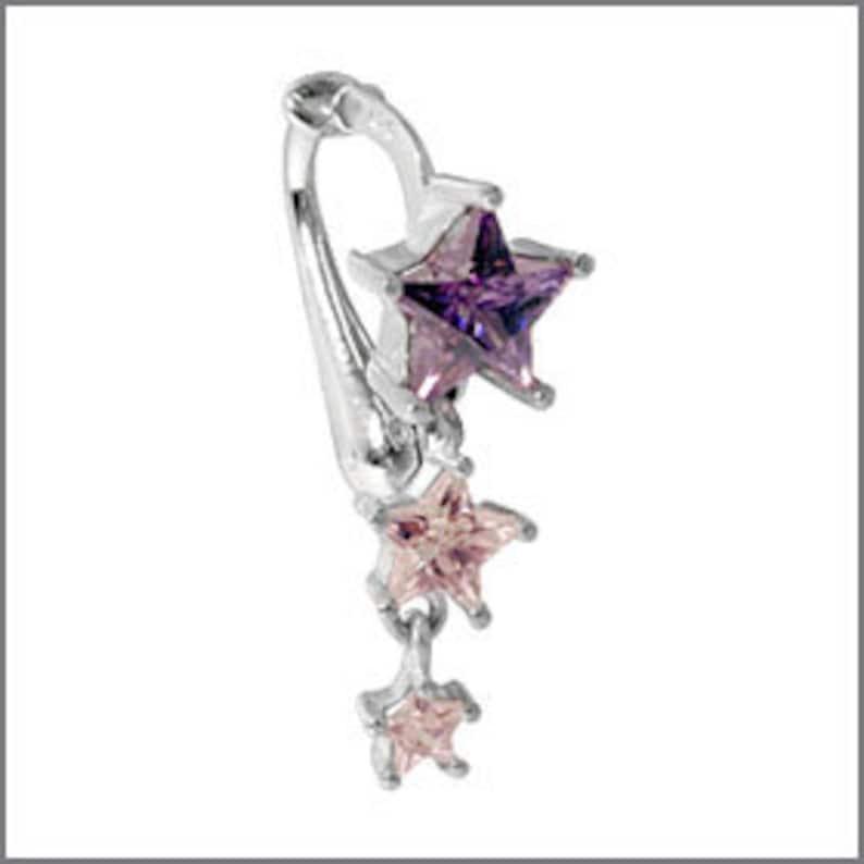 Best Purple &Pink Triple Star Fake Belly Button Rings Clip-On Non Piercing Silver Plated Navel Body Jewellery 