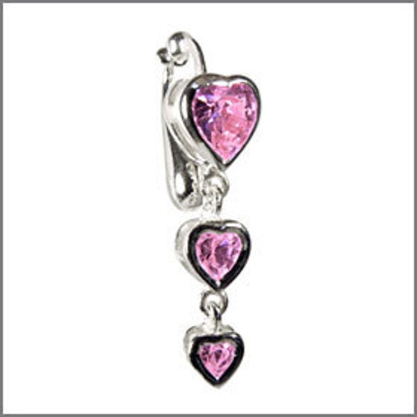 Best Pink Heart Trilogy - Anillos para ombligo falsos con clip, sin perforación, chapados en plata, joyería para el cuerpo del ombligo