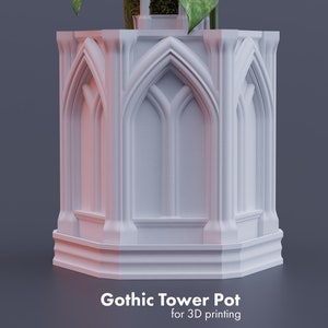 Gothic Tower Pot STLs for 3D printing, Matches Gothic Tower Moss Pole, Houseplant Pots with Tray, Indoor Plant Pots