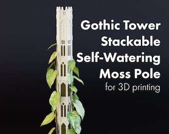 Gotische toren stapelbare mospaal STL's voor 3D-printen, plantentotem, modulaire zelfwatergevende paal, klimplant ondersteunt binnen, trellis