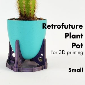 Retrofuturystyczna mała doniczka: do druku 3D STL, prezent dla miłośnika roślin, wystrój Fallout, doniczka w stylu Midcentury Modern z podstawką i odpływem