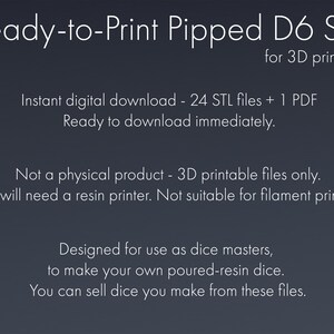 Pu&ograve; includere: Set di dadi D6 con puntini pronto per la stampa 3D. Download digitale istantaneo - 24 file STL + 1 PDF. Pronto per il download immediato. Non &egrave; un prodotto fisico - solo file stampabili in 3D. Avrai bisogno di una stampante a resina. Non adatto per stampanti a filamento. Progettato per essere utilizzato come maestro dei dadi, per creare i tuoi dadi in resina colata. Puoi vendere i dadi che realizzi da questi file.