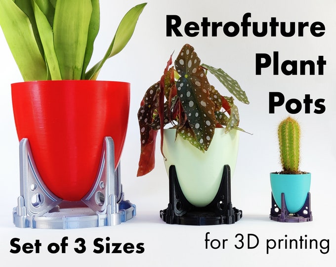 Retrofuturistic Plant Pots Set of 3: 3D Printable STL Files, Gift for Plant Lover, Fallout Decor, Midcentury Modern Planters with Drainage