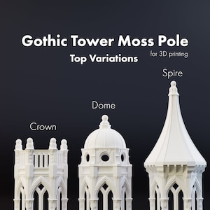 May include: Three white 3D printed Gothic tower moss pole top variations: Crown, Dome, and Spire.  The tops are designed for 3D printing.