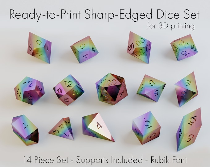 Ready-to-Print Sharp-Edged Dice Set for 3D Printing, Rubik Font, Printable Dice Masters Set, Supports Included, Presupported