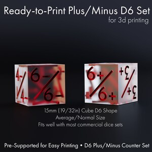 May include: Two clear red and white dice with plus and minus symbols on each face. The dice are 15mm (19/32in) and are pre-supported for easy printing.  D6 Plus/Minus Counter Set.