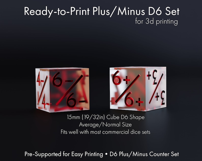 May include: Two clear red and white dice with plus and minus symbols on each face. The dice are 15mm (19/32in) and are pre-supported for easy printing.  D6 Plus/Minus Counter Set.