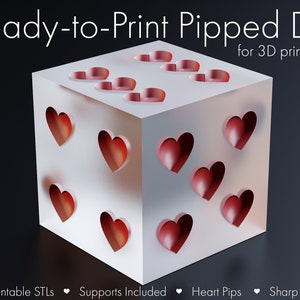 D6 con bordi stampabili in 3D: punti di cuore, dadi con bordi taglienti, STL per la stampa 3D, master di dadi stampabili presupportati, pronti per la stampa