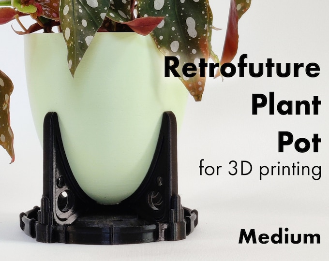 Retrofuturistic Medium Plant Pot: 3D Printable STL, Gift for Plant Lover, Fallout Decor, Midcentury Modern Planter with Saucer and Drainage